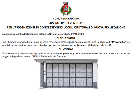 Avviso di Prevendita per lassegnazione in concessione di loculi cimiteriali di nuova realizzazione